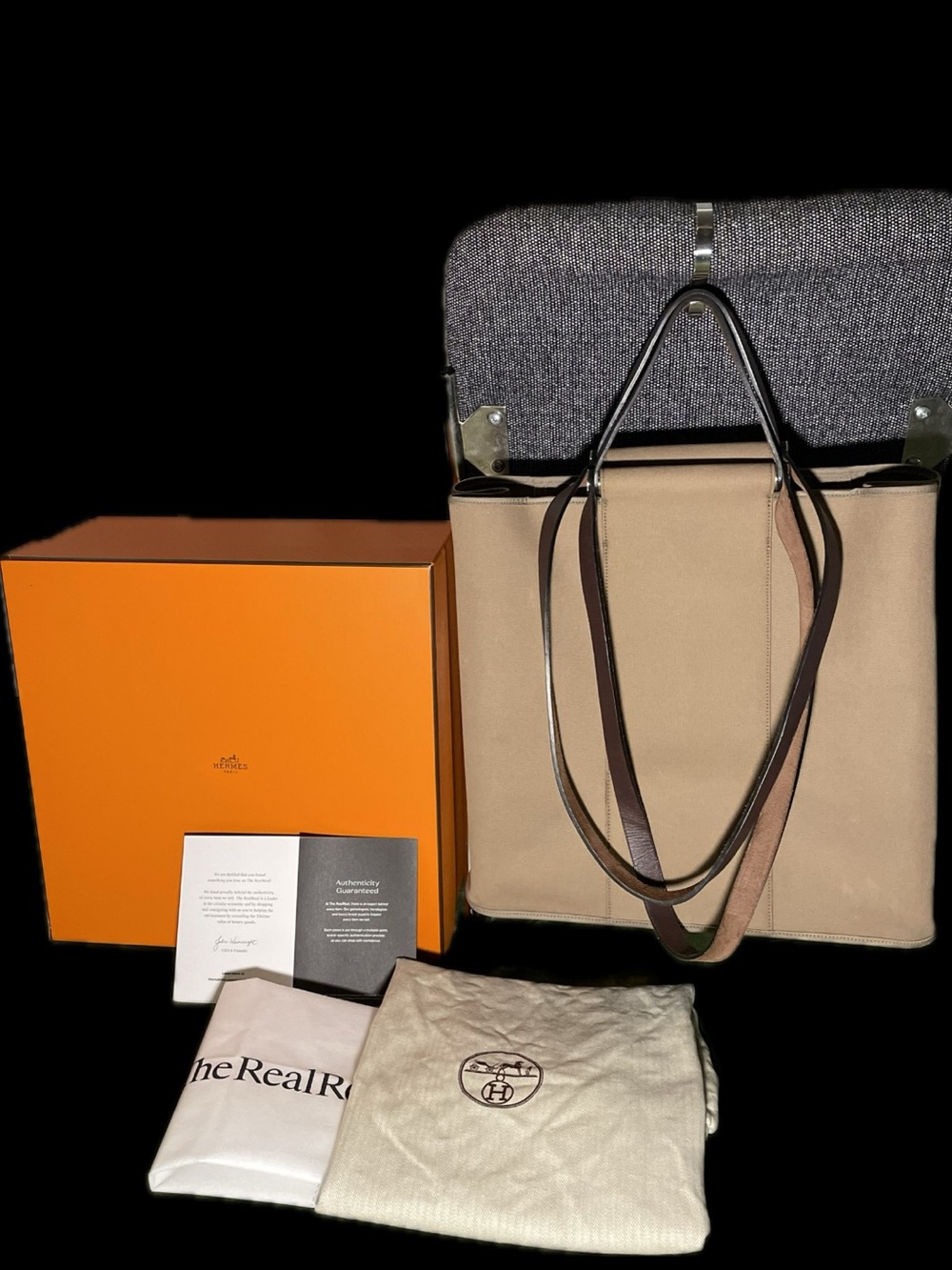Authentic HERMES Toile Cabag Twist 42 GM Etoupe